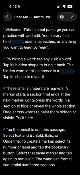 A passage in practice, with words hidden and section markers