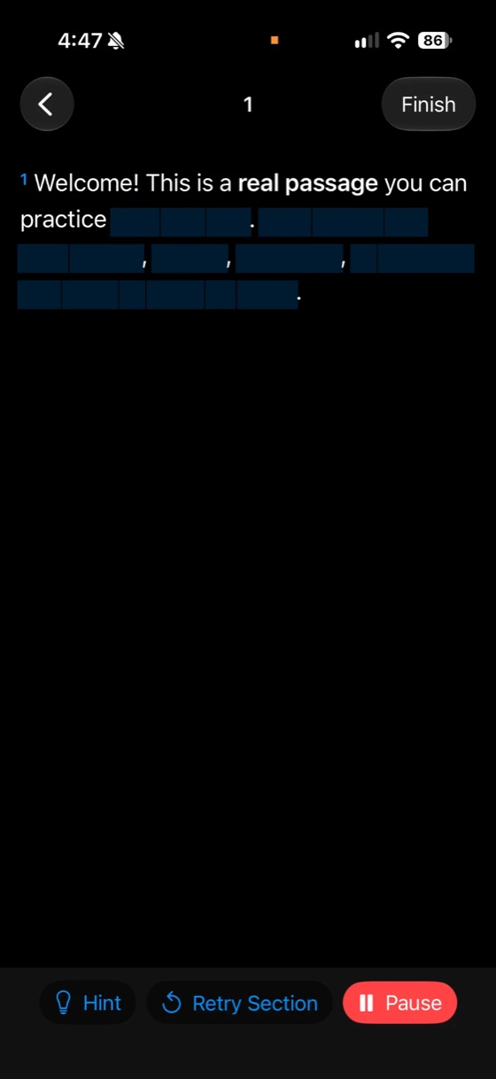 Reciting a passage from memory, with hint and retry controls